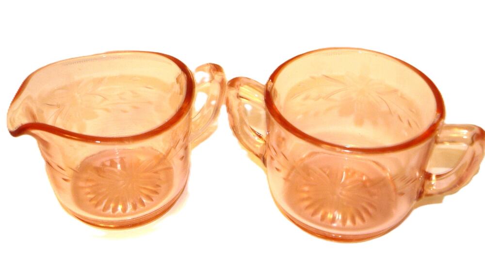 Vtg Jeannette Cherry Blossom Pink Depression Glass Creamer Sugar Bowl Set 1930s